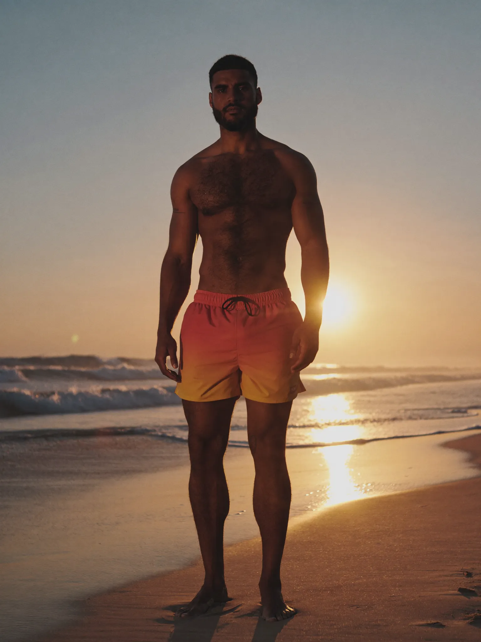 IceZone — coral swim shorts on the beach at golden hour